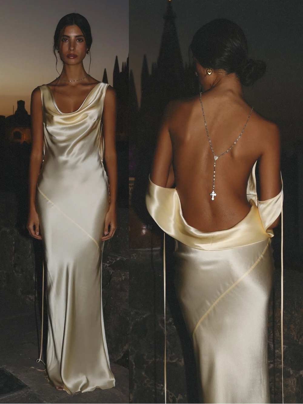 Mirror Palais Plunging Cowl Neckline Silk Gown Butter Yellow NEW with tag